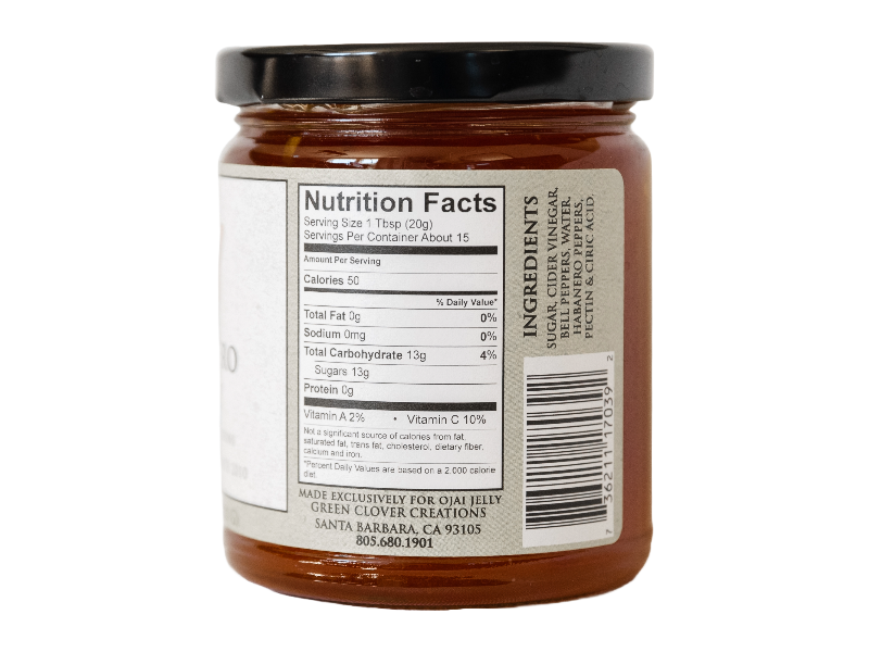 Jar of Ojai Habanero Jelly showing nutrition facts and ingredients